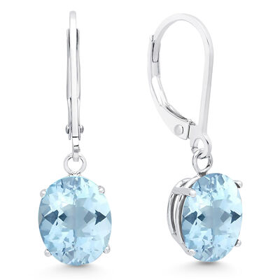 Aquamarine Oval Dangle Leverback Earrings in 14k White Gold