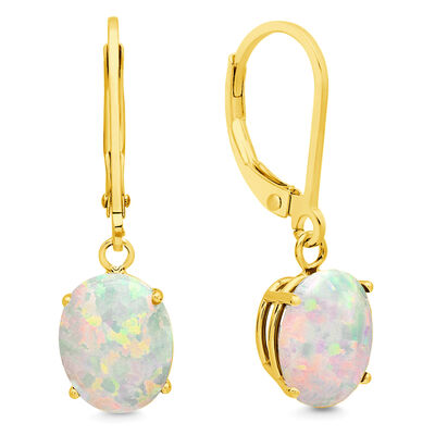 Created Opal Oval Dangle Leverback Earrings in 14k Yellow Gold