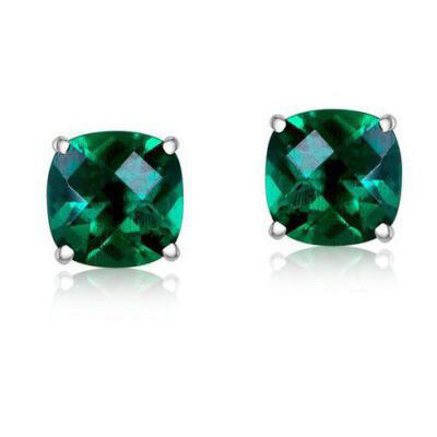 Created Emerald Cushion-Cut Stud Earrings in Sterling Silver
