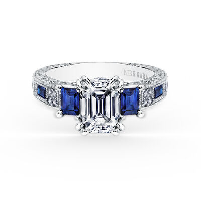 Emerald-Cut Three Stone Blue Sapphire Hand Engraved Engagement Semi-Mount in 18k White Gold K1384SDE-R
