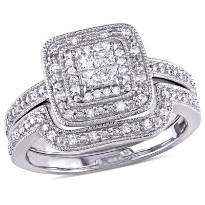 Princess-Cut 1/3ctw Diamond Quad and Round Bridal Set in Sterling Silver