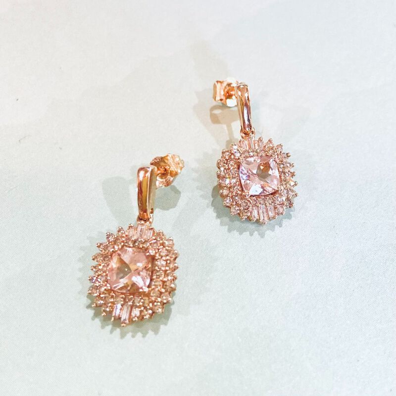 Cushion & Baguette-Cut Morganite & Diamond Halo Unique Drop Earrings in Rose Gold image number null