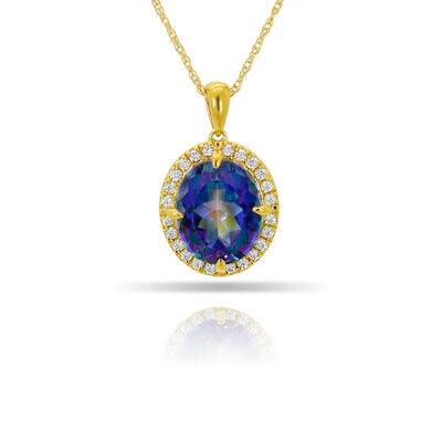 Blessed Oval Blue Topaz & Diamond Pendant in 10k Yellow Gold