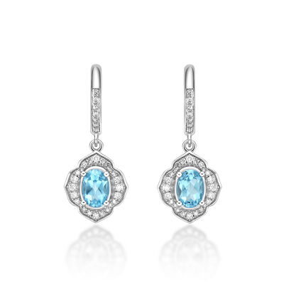 Oval Blue Topaz & Diamond Vintage Dangle Earrings in 10k White Gold