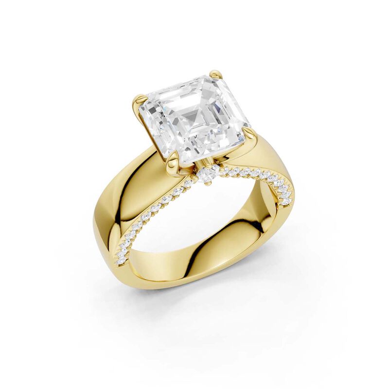 Asscher Lab Grown Diamond 5 1/2ctw. Wide Band Engagement Ring with Round Diamond Accents in 14k Yellow Gold image number null