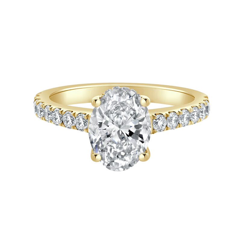 Oval-Cut Lab Grown 2 5/8 Diamond Hidden Halo Classic Cathedral Engagement Ring in 14k Yellow Gold image number null