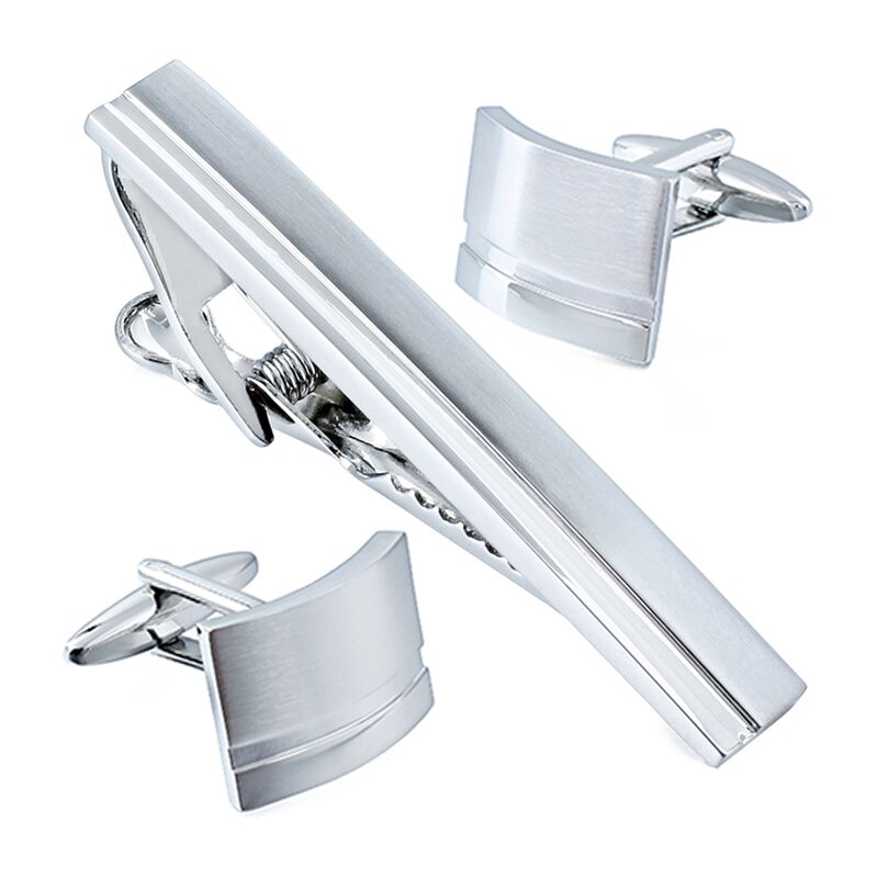 Men's Silver-Tone Tie Bar & Curved Cufflinks Set image number null