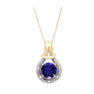 Created Blue Sapphire & Diamond Love Knot Pendant in 10k yellow Gold