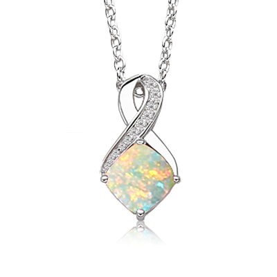 Created Opal & Diamond Birthstone Pendant in Sterling Silver