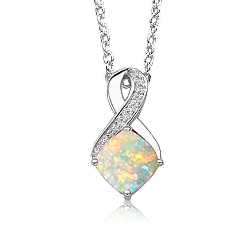 Created Opal & Diamond Birthstone Pendant in Sterling Silver image number null
