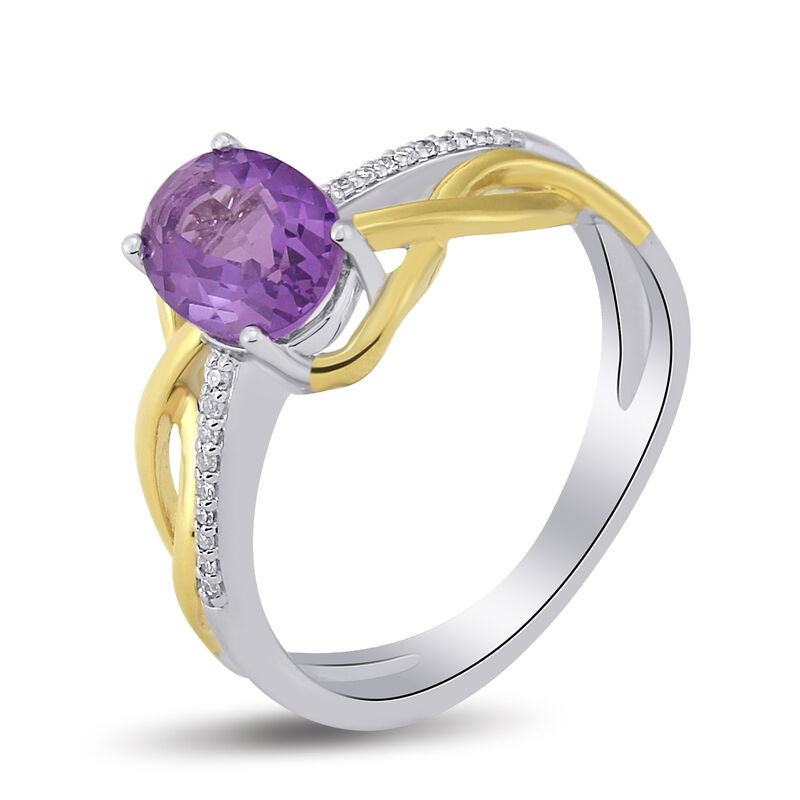 Oval-Cut Amethyst Diamond Swirl Ring in 10k Yellow Gold and Sterling Silver image number null