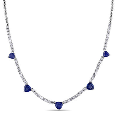 Blue Sapphire & Diamond Drop Necklace in 18k White Gold