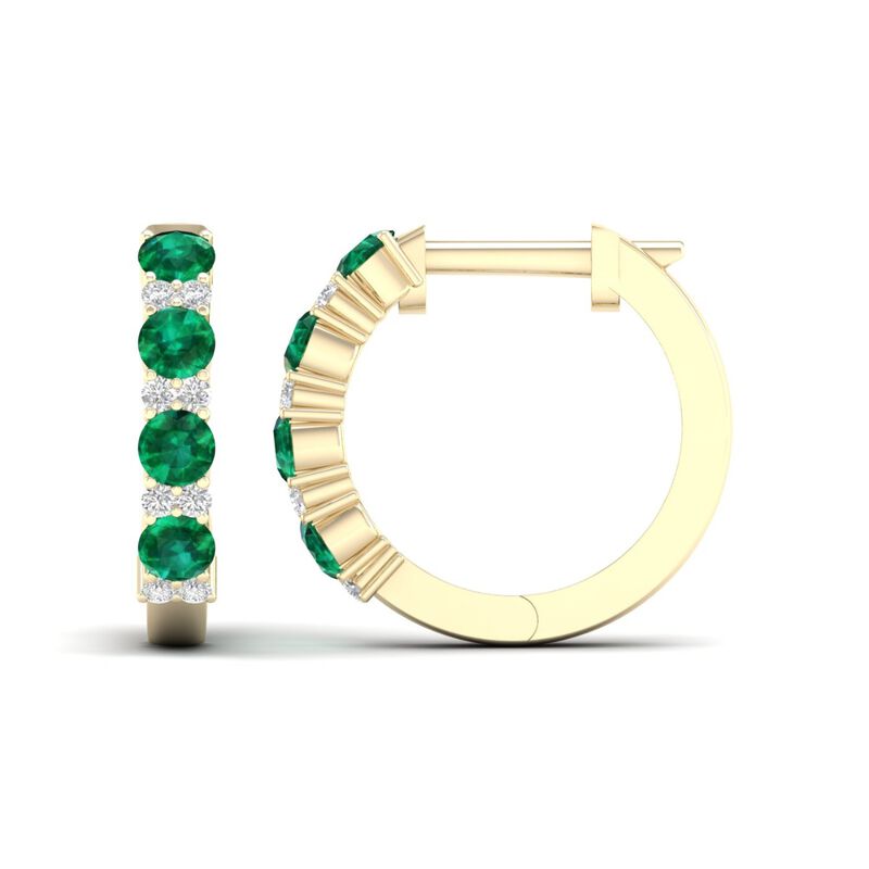 Emerald & Diamond Hoop Earrings in 10k Yellow Gold image number null