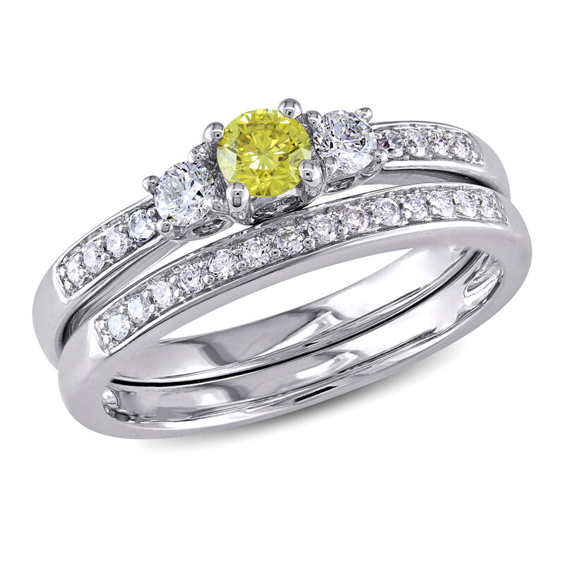 Round-Cut 1/2ctw. Yellow Diamond 3-Stone Bridal Set in 14k White Gold image number null