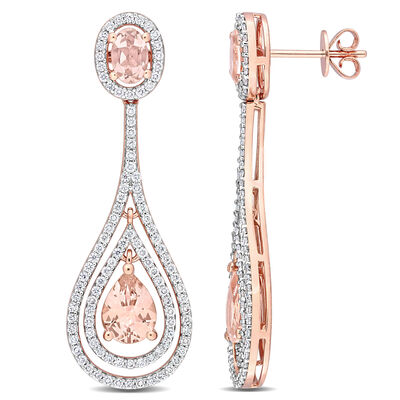 Oval & Pear Morganite & Diamond Drop Earrings in 14k Rose Gold