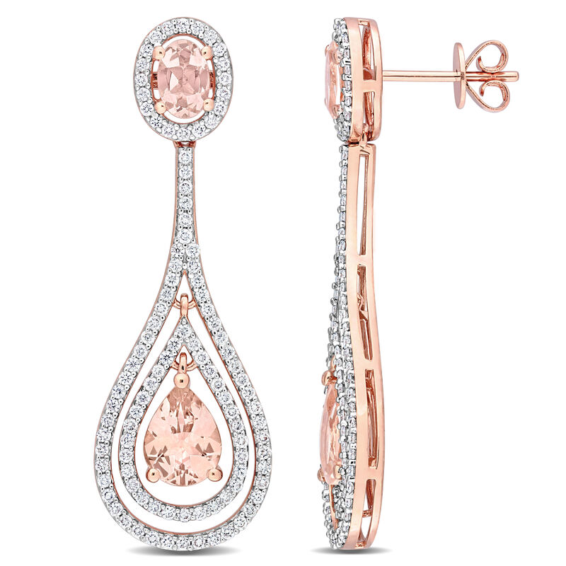 Oval & Pear Morganite & Diamond Drop Earrings in 14k Rose Gold image number null