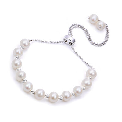 Imperial Pearl & Sparkle Bead Bolo Bracelet in Sterling Silver
