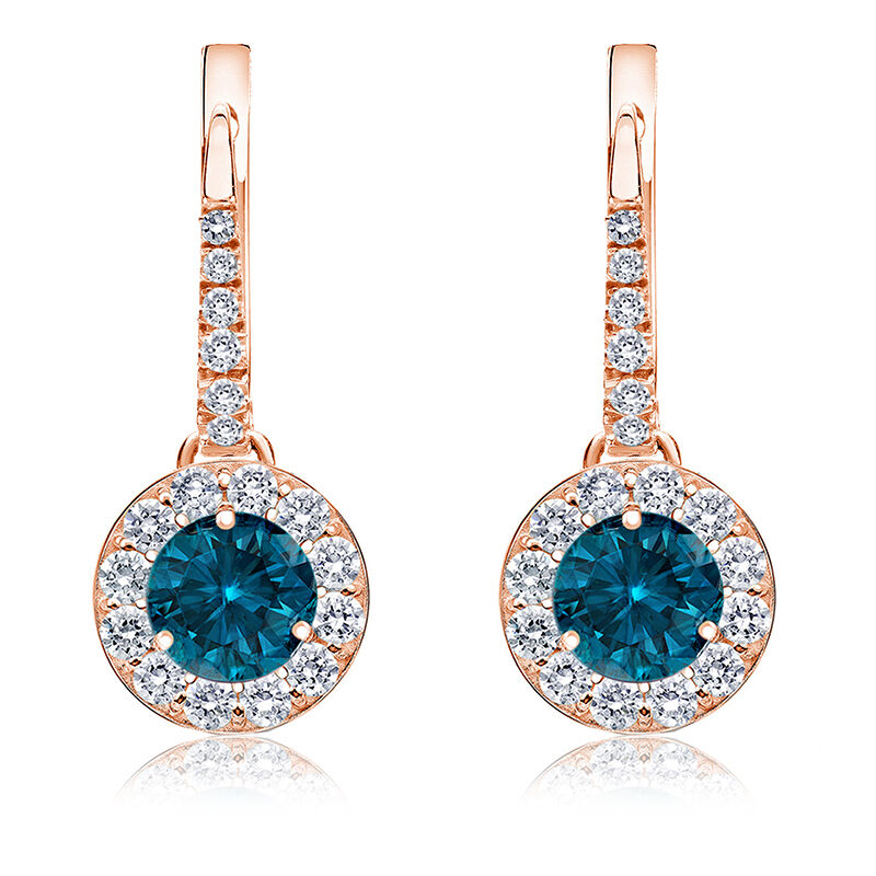 Drop 2ct. Blue Diamond Halo Earrings in 14k Rose Gold image number null