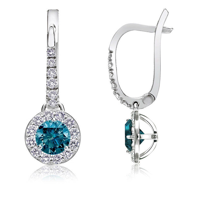 Drop ½ct. Blue Diamond Halo Earrings in 14k White Gold image number null