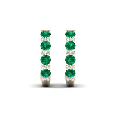 Emerald & Diamond Hoop Earrings in 10k Yellow Gold