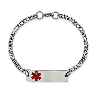 Medical Red Alert ID Rectangle Tag Bracelet in Stainless Steel