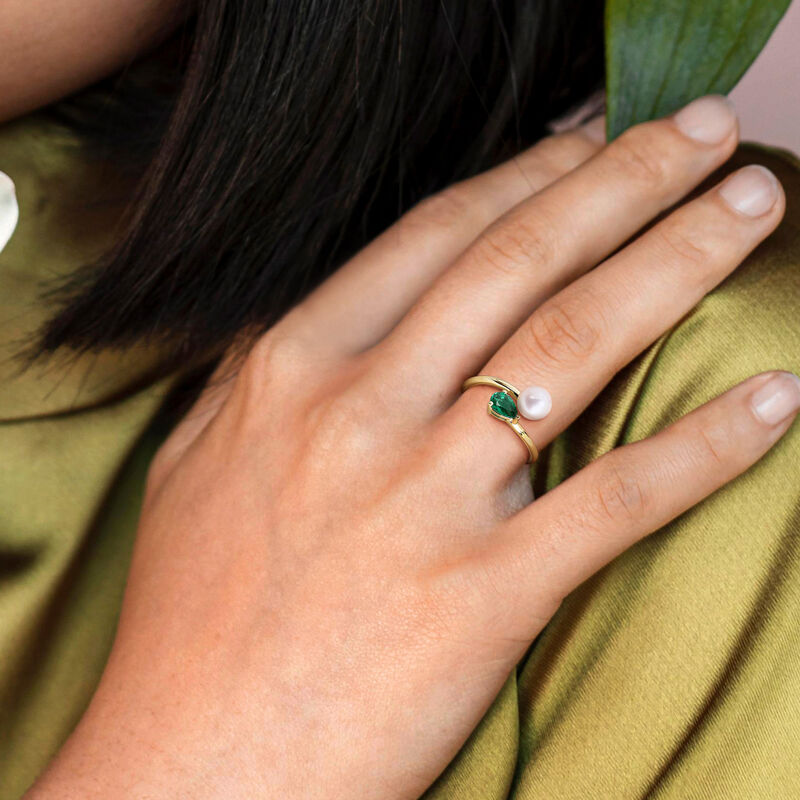 Created Emerald & Freshwater Cultured Pearl Ring in Gold Plated image number null