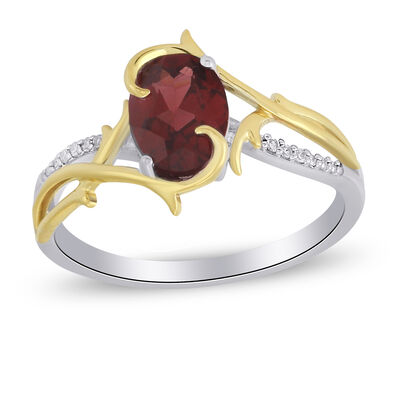 Oval-Cut Garnet Diamond Design Ring in 10k Yellow Gold and Sterling Silver