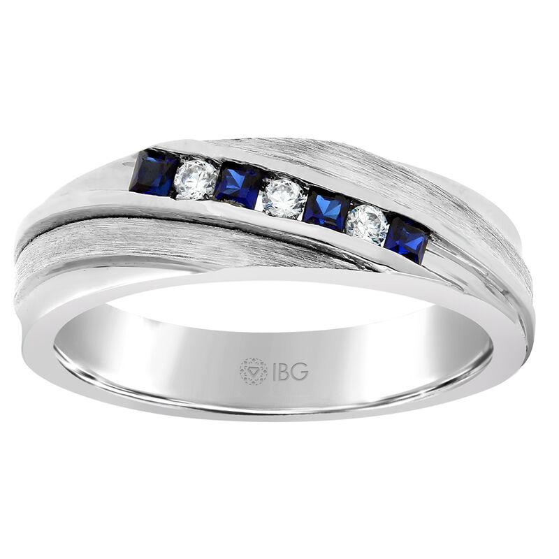 Men's Round Diamond & Princess-Cut Sapphire Ring in 10k White Gold image number null