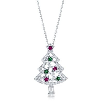 Green Red and White Christmas Tree Necklace in Sterling Silver