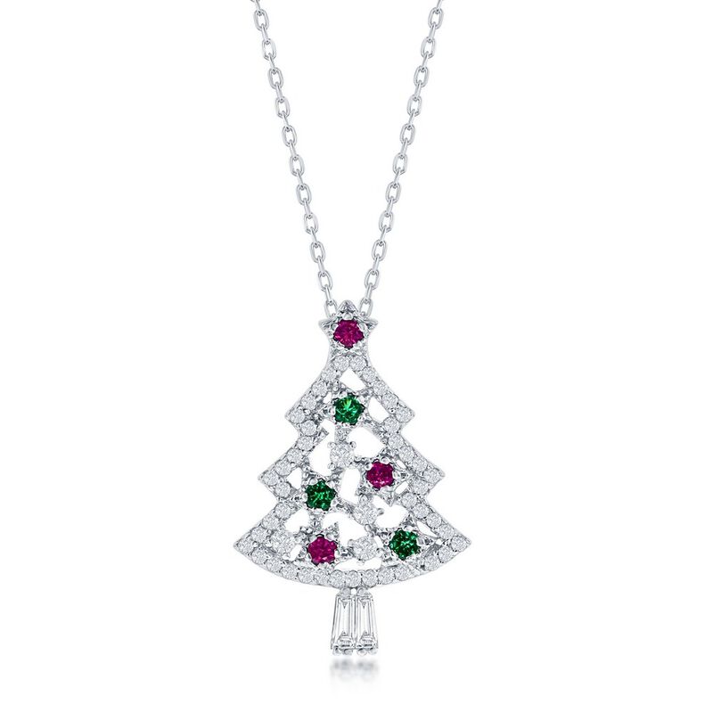 Green Red and White Christmas Tree Necklace in Sterling Silver image number null
