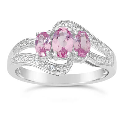 Triple Oval Created Pink Sapphire and Created White Sapphire Ring in Sterling Silver 