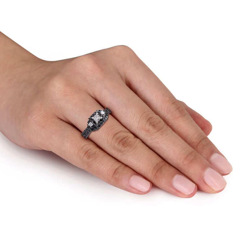 Princess-Cut Black Diamond & Diamond Halo 1/2ctw. Engagement Ring + Matching Band image number null