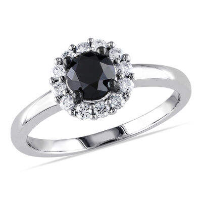 Round Black & White Diamond Halo 1ctw. Engagement Ring in 10k White Gold
