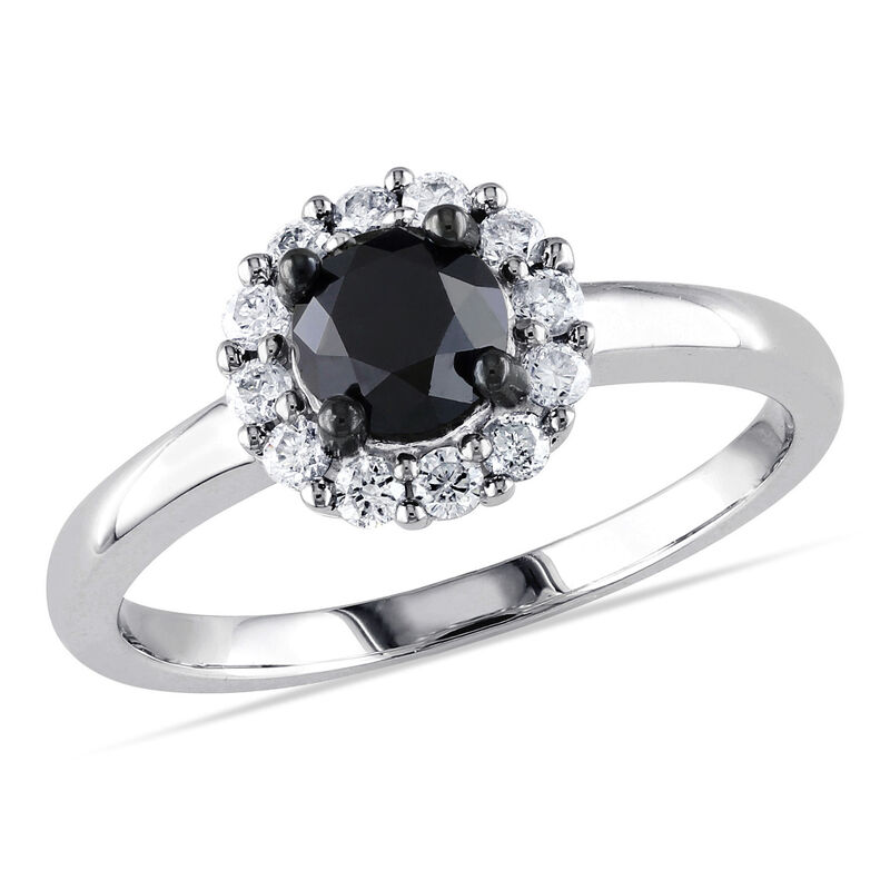 Round Black Diamond & White Diamond Halo 1ctw. Engagement Ring in 10k White Gold image number null