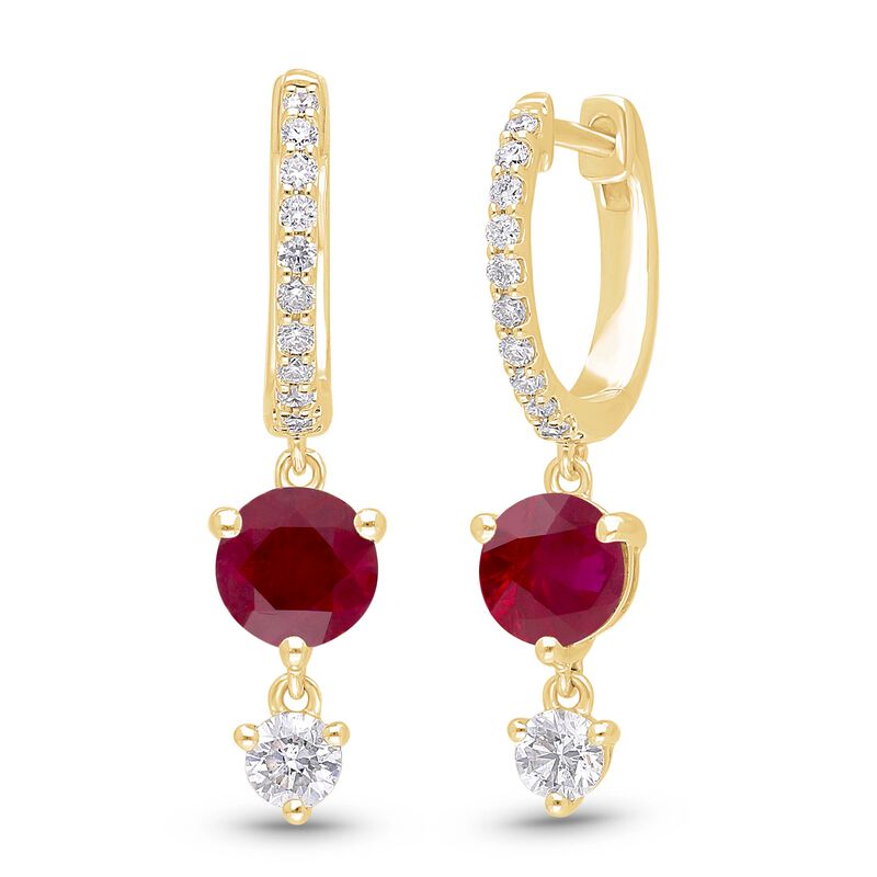 Created Ruby & Lab Grown Diamond Hoop Dangle Earrings in 10k Yellow Gold image number null