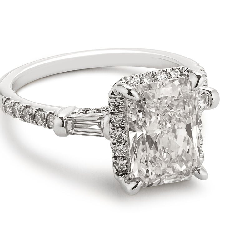 Radiant-Cut Lab Grown 3 3/4ctw. Diamond Halo Three-Stone Plus with Baguette-Cut Accents Engagement Ring in 14k White Gold image number null