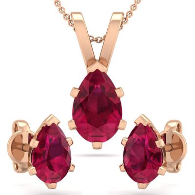 Pear Ruby Necklace & Earring Jewelry Set in 14k Rose Gold Plated Sterling Silver