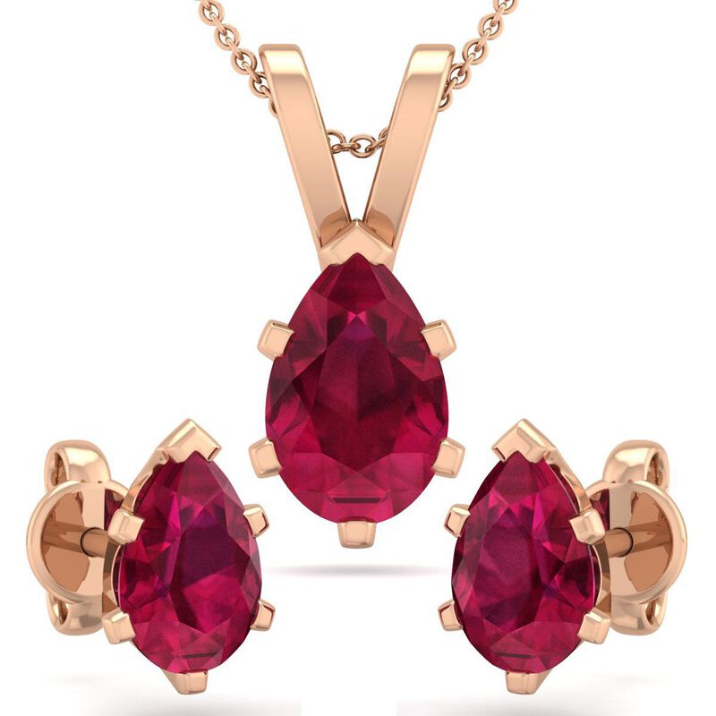 Pear Ruby Necklace & Earring Jewelry Set in 14k Rose Gold Plated Sterling Silver image number null