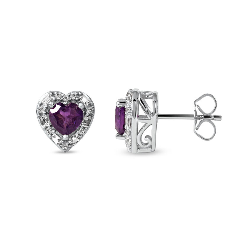 Amethyst & Created White Sapphire Halo Heart Stud Earrings in Sterling Silver image number null