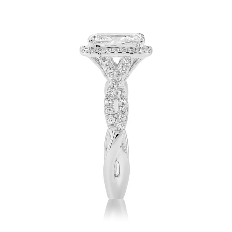 Elongated Radiant Lab Grown Diamond 1 2/5ctw. Halo Twist Engagement Ring in 14k White Gold image number null