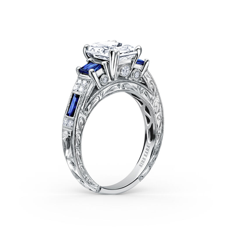 Emerald-Cut Three Stone Blue Sapphire Hand Engraved Engagement Setting in 18k White Gold K1384SDE-R image number null