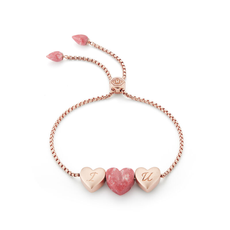 Pink Thulite "I Love You" Bolo Adjustable Bracelet in Sterling Silver & 14k Rose Gold Plating image number null