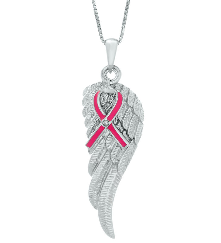 Angel Wing with Pink Ribbon Charm in Sterling Silver image number null