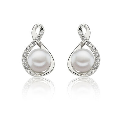 Freshwater Pearl & Diamond Drop Earrings in 14k White Gold