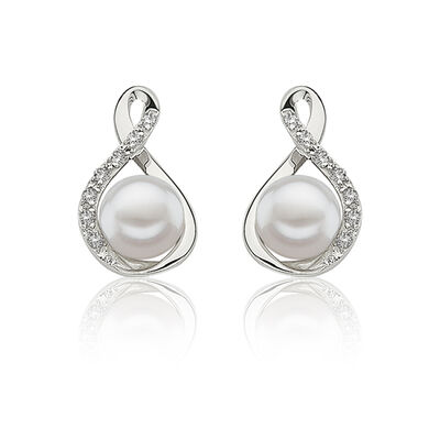 Freshwater Pearl & Diamond Drop Earrings in 14k White Gold