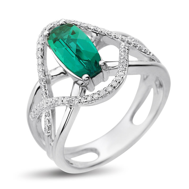 Elongated Oval Created Emerald & Diamond Ring in Sterling Silver image number null