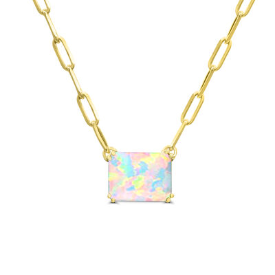 Emerald-Cut Created Opal Paperclip Chain Pendant in Yellow Gold Plated Sterling Silver