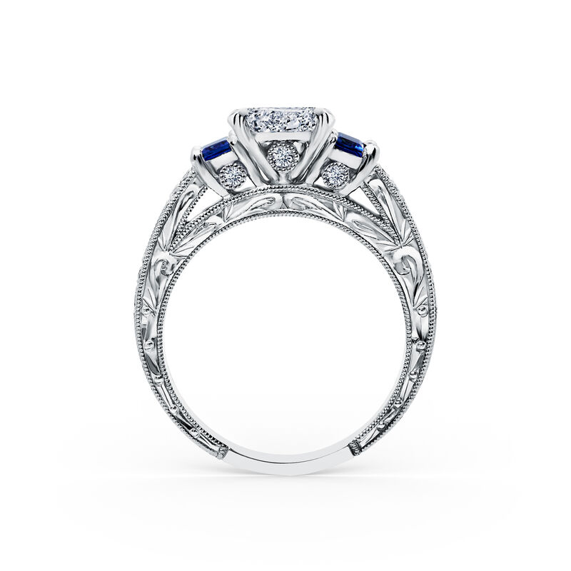 Emerald-Cut Three Stone Blue Sapphire Hand Engraved Engagement Setting in 18k White Gold K1384SDE-R image number null