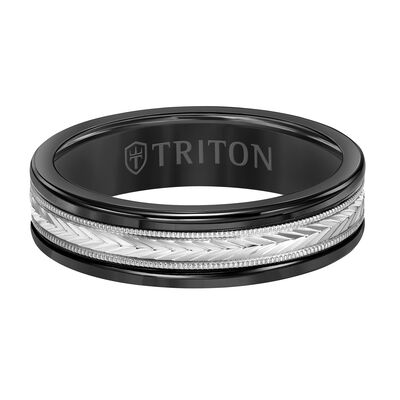 Triton Men's 6mm Black Tungsten Carbide and 14k White Gold Patterned Inlay Wedding Band