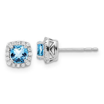 Cushion-Cut Blue Topaz & Diamond Halo Stud Earrings in Sterling Silver